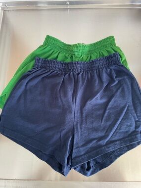 Soffe Navy and Bright Green Elastic Waist Shorts Duo